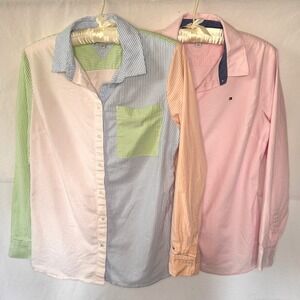 Tommy Hilfiger Women's L Classic Fit Button Down Shirt Bundle Pink Striped 2pk